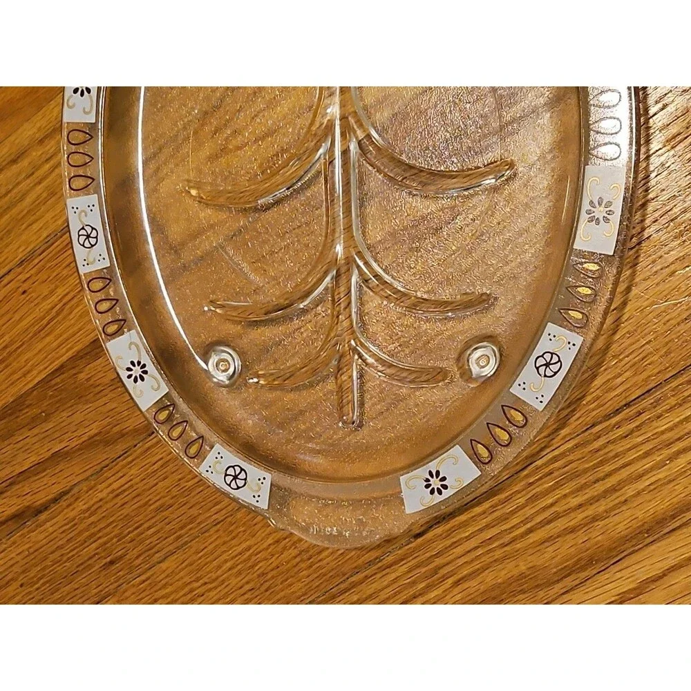 Vintage MCM Inland Glass Serving Dish Meat Platter Atomic Sputnik Floral Pattern